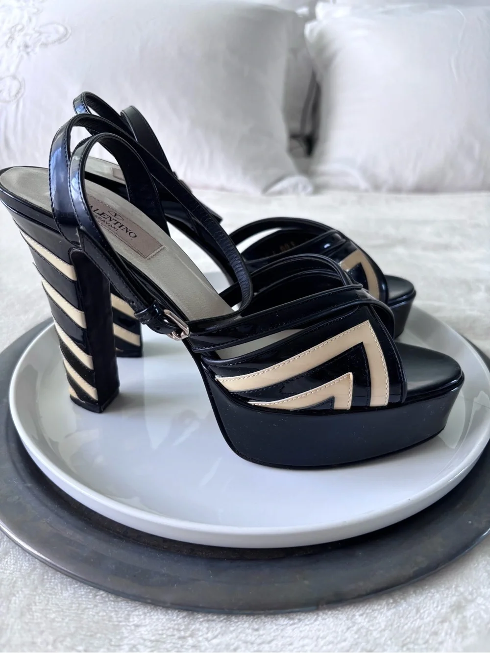 Valentino Garavani Black and Beige Patent Platform Slingback Heels